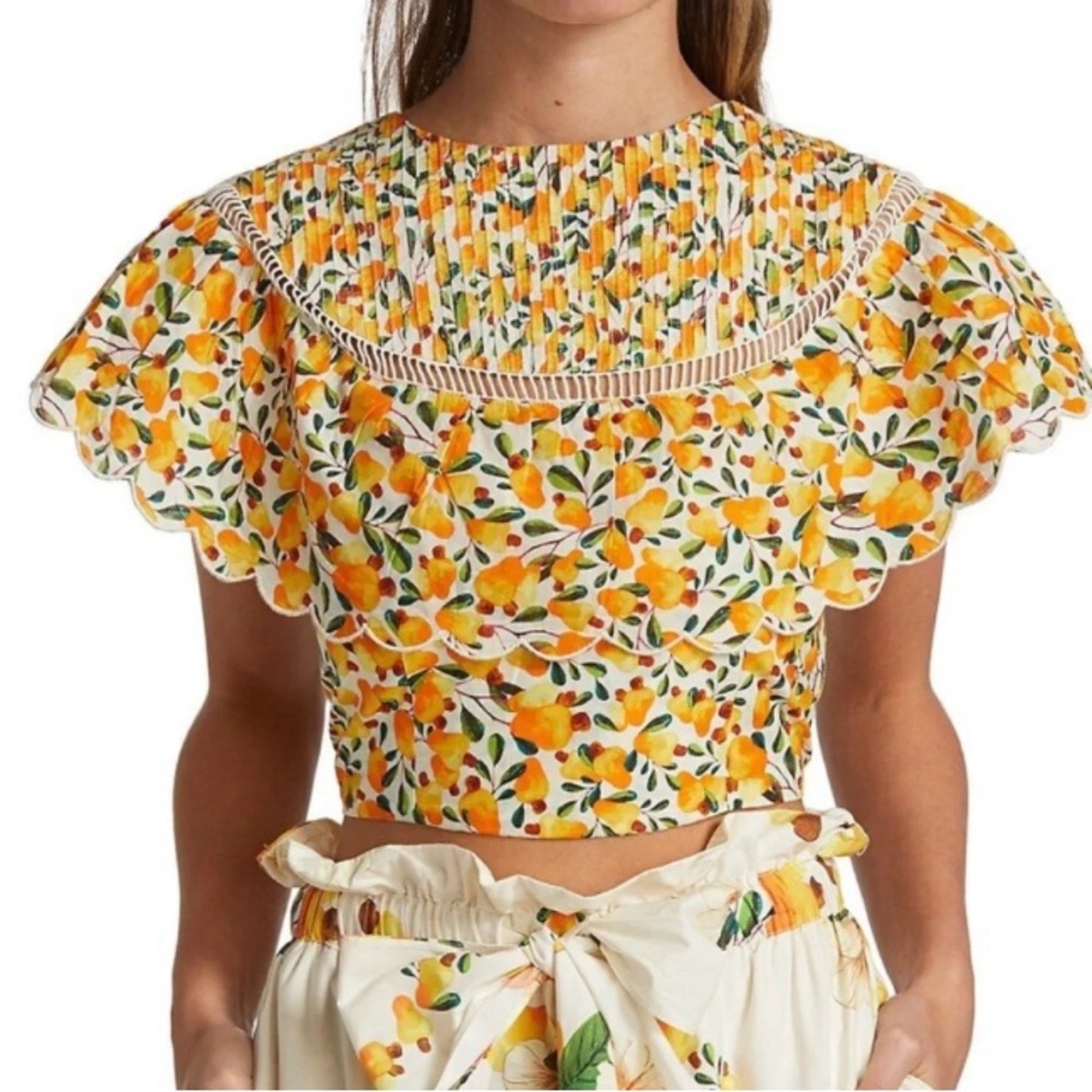 FARM Rio Cropped Smocked Ruffle Top Cashew